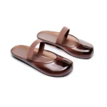 Brown PVC Mary Jane jelly mules with split toe and open back