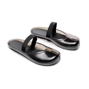 Black PVC Mary Jane jelly mules with split toe and open back