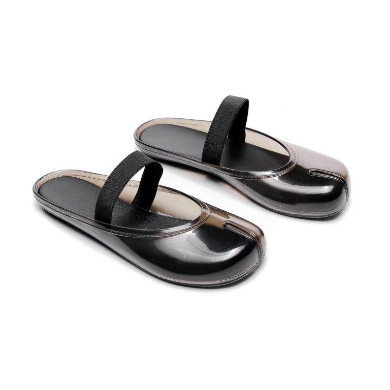 Black PVC Mary Jane jelly mules with split toe and open back