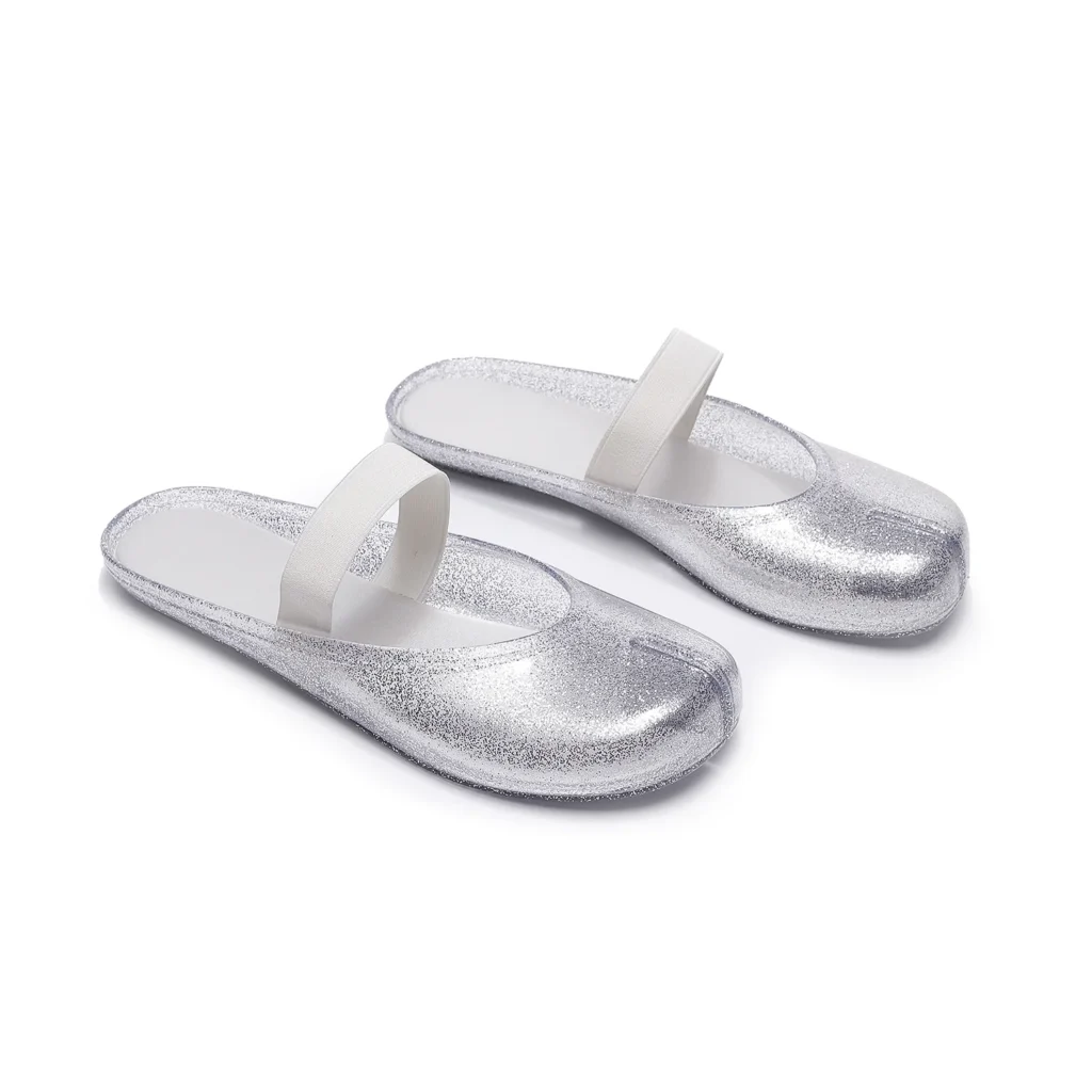 White shimmer PVC Mary Jane jelly mules with split toe and open back