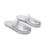 White shimmer PVC Mary Jane jelly mules with split toe and open back