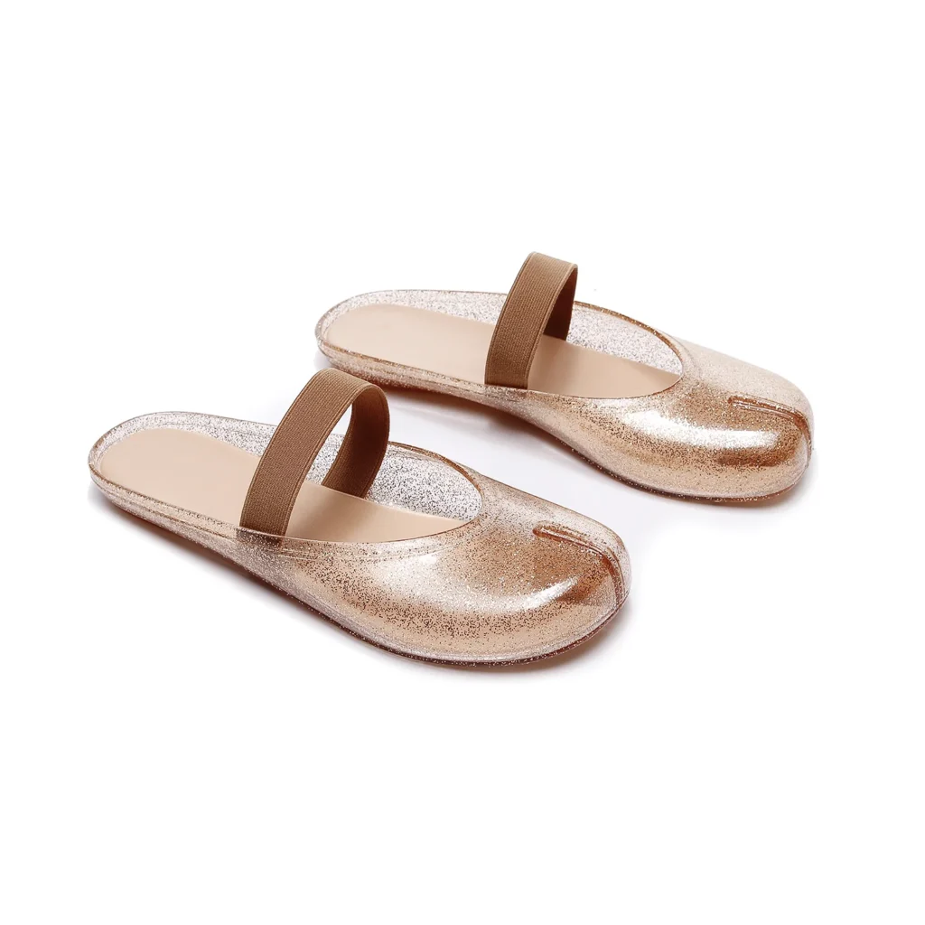 Gold shimmer PVC Mary Jane jelly mules with split toe and open back